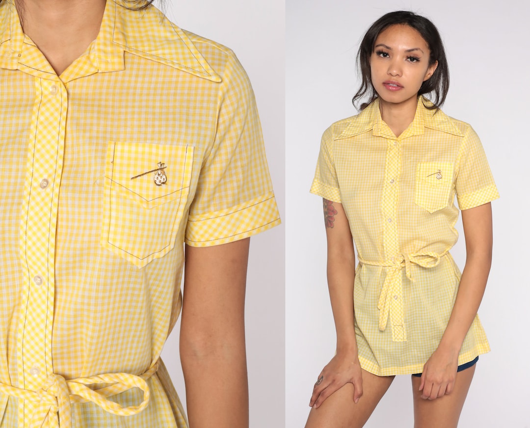 トップス 60s 70s check shirt yellow Yellow Gingham Shirt 70s Plaid Blouse Embroidered Hobo Bindle Top