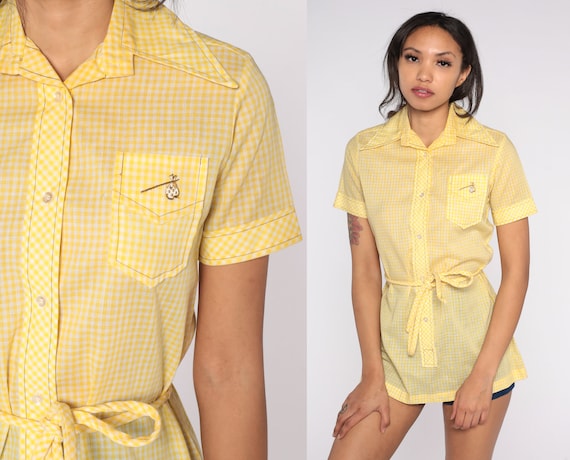 Yellow Gingham Shirt 70s Plaid Blouse Embroidered Hobo Bindle Top Short Sleeve Button Up White 1970s Vintage Checkered Shirt Bum Small S
