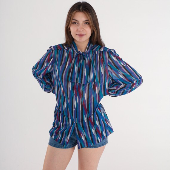 Striped Ascot Blouse 70s Neck Tie Top Blue Bow Shirt Secretary Vintage 1970s Boho Long Sleeve Bohemian Necktie Vintage Purple Medium