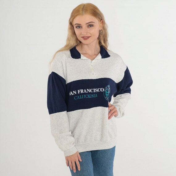 San Francisco Sweatshirt 90s Quarter Zip Sweatshirt Cable Car Graphic California Retro Tourist Heather Grey Blue Vintage 1990s Medium Large