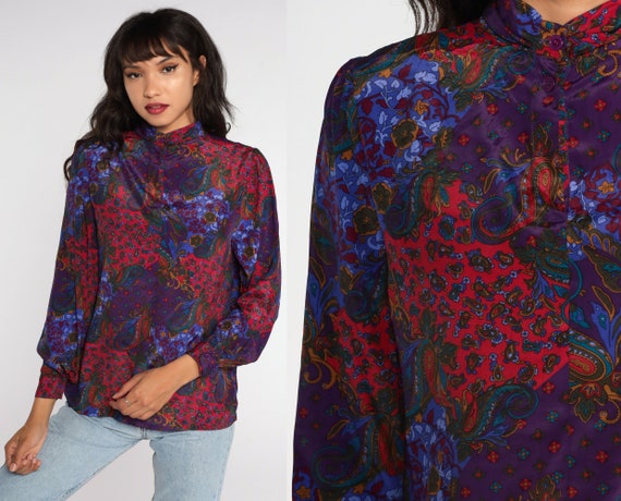 Vintage 80\u2019s paisley print button up blouse silky satin puff bishop sleeve blouse 70\u2019s