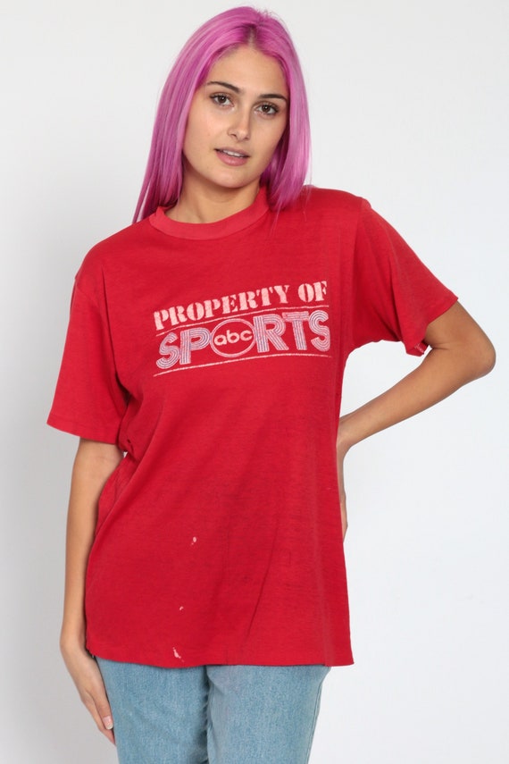 ABC Sports Shirt 80s TShirt Red Graphic Tee Distressed Worn Paper Thin Sporty Burnout Soft USA Shirt Retro Vintage Tee Small Medium