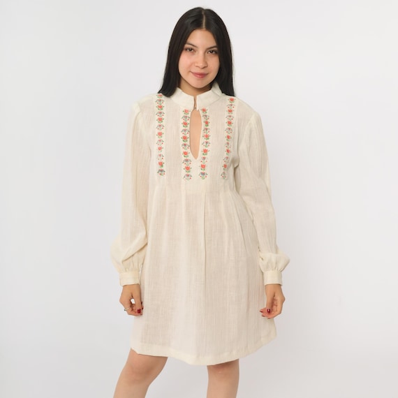 Vintage 70s Gauze Floral Dress Off-White Boho Keyhole Neck Mini Puff Sleeve Dress Hippie Dress 1970s Bohemian Pleated Babydoll Medium M