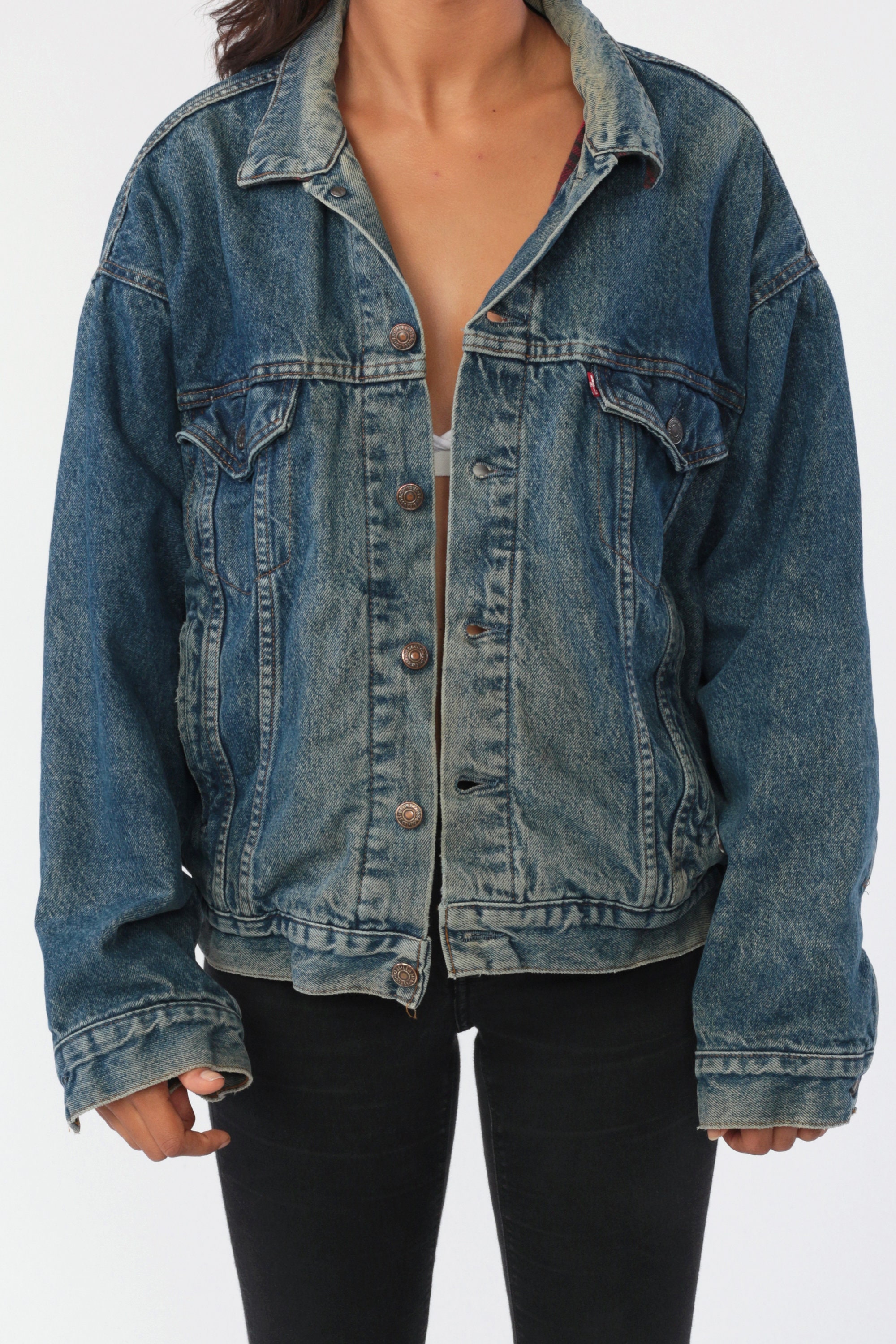 Levi Jean Jacket -- 90s LEVIS Denim Jacket PLAID LINED Trucker Blue Vintage Oversized Biker