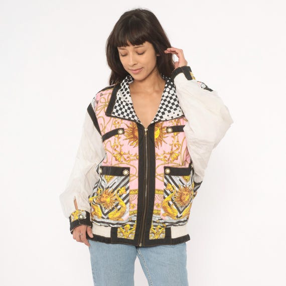 Celestial Baroque Windbreaker Pink Gold Zip Front Jacket Checkered Collar Rope Scroll Pattern 90s Bomber Coat Streetwear Vintage Large L