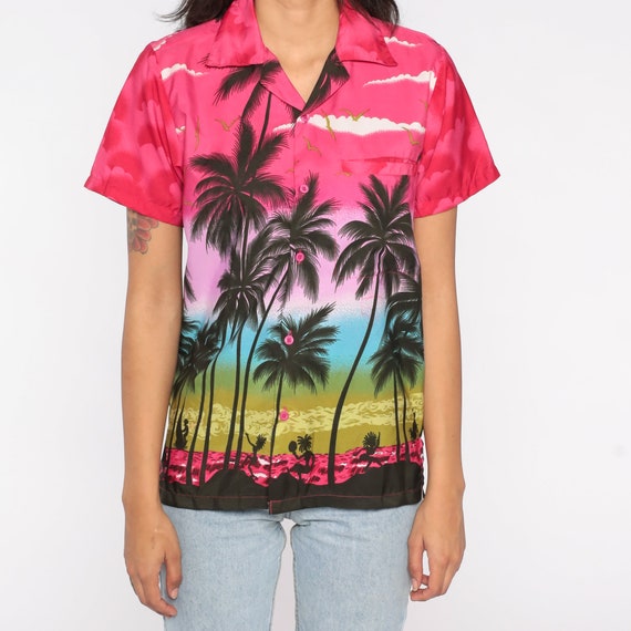 80s Hawaiian Shirt Palm Tree Luau Dancer Sunset P… - image 6