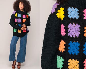 70s Sweater Crochet Sweater Boho Turtleneck Sweater Vintage Black Rainbow CUT OUT Hippie Retro Hipster 1970s Bohemian Medium Large