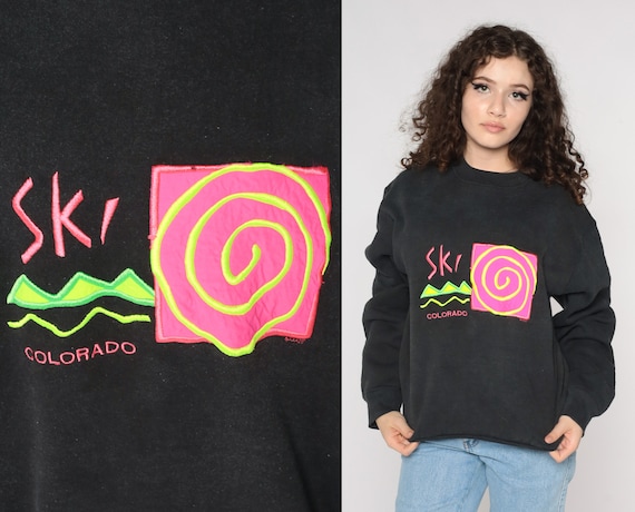 Ski Colorado Sweatshirt Black Neon Graphic Ski Resort Sweatshirt 90s Sweater Vintage 1990s Skiing Crewneck Medium