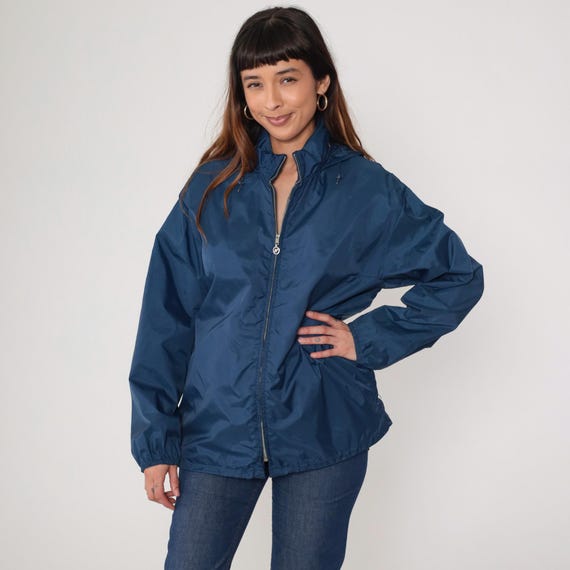 Navy Blue Hooded Jacket 80s Jacket Navy Zip Up Jacket Hoodie Windbreaker Hood Oversized Coat Hood 70s Vintage Retro Obermeyer Medium Large