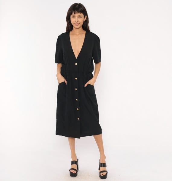 90s Corporate Goth Dress Gold Button Black Midi V Neck Cinched Waist Vintage Jet Minimal Column Shirtdress Elegant Office Womens Large L