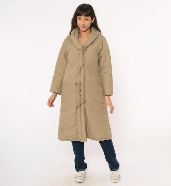 Tan Parka Jacket 80s Quilted Coat Khaki Cotton Tie Front Long Maxi Duster Padded Housecoat Vintage Loungewear Cozy Winter Extra Small XS