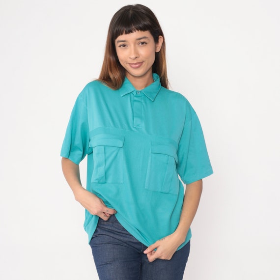 Turquoise Polo Shirt 80s Short Sleeve Shirt Button Neck Top Polo Shirt Slouchy Top 1980s Vintage Banded Hem Chest Pocket Large xl