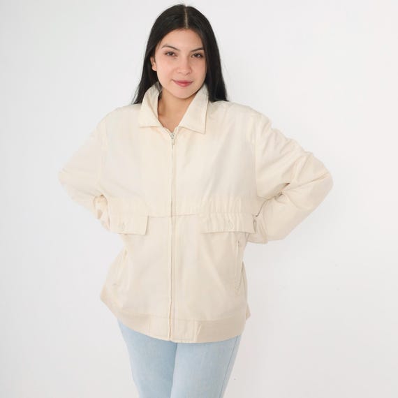 Vintage Cream Windbreaker Jacket 80s Zip Up Bomber Retro Classic Plaid Lined Spring Jacket Plain Streetwear 1980s Utility Men's Medium
