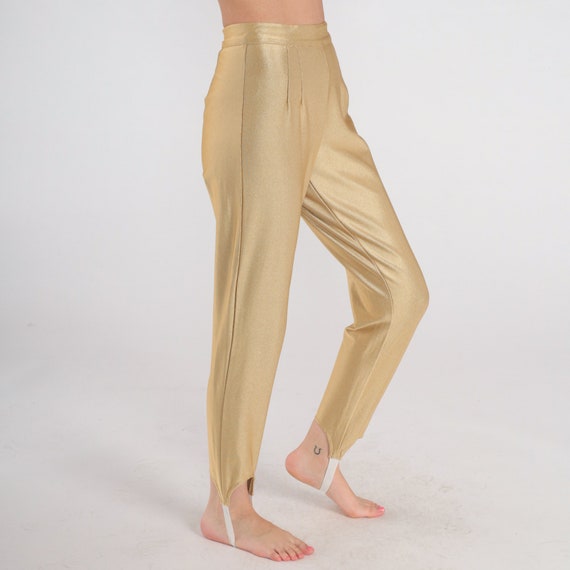 Gold Stirrup Pants 80s Metallic Leggings Sparkly High Waisted Tapered Trousers Retro Festival Slim Skinny Leg Vintage 1980s Extra Small xs