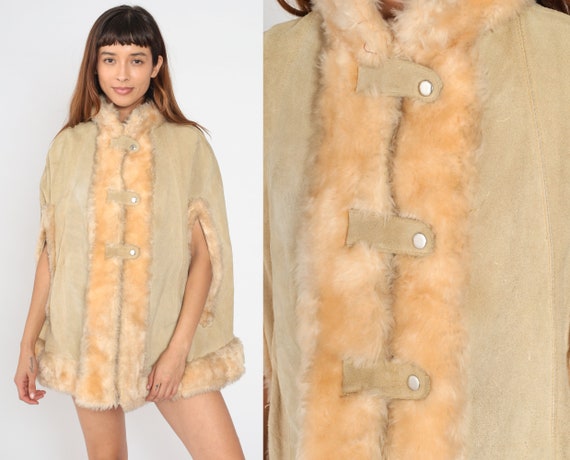 60s Suede Cape Beige Faux Fur Leather Cape Coat 70s Jacket Mod 1970s Vintage Bohemian Button Up Poncho Hippie 1960s Gogo Small Medium