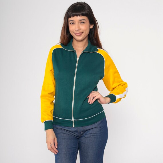 70s Track Jacket Green Yellow Color Block Jacket Zip Up Raglan Sleeve 1970s Athletic Sport Vintage Warmup Jacket Youth XL 18-20