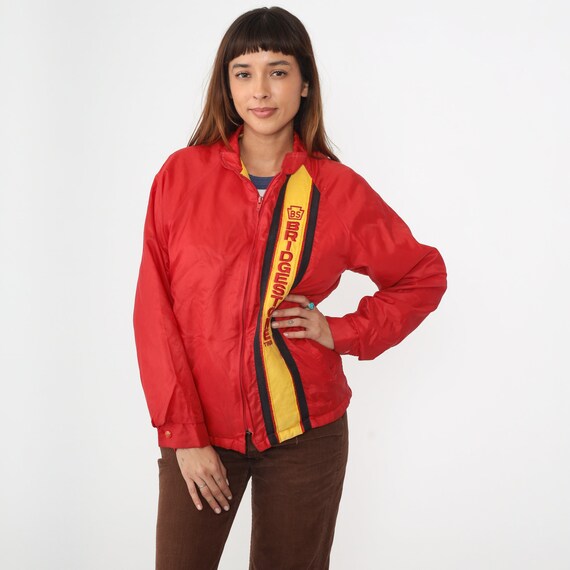 Bridgestone Tires Windbreaker 80s Aircraft Data Red Uniform Jacket Zip Up Nylon Yellow Striped Jacket Warm Up Vintage 1980s Medium