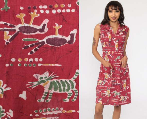 Batik Cat Dress 70s Mini Dress Red Novelty Print Bohemian Babydoll Animal Dress 1970s Boho Hippie Mod Vintage Empire Waist Sleeveless Small