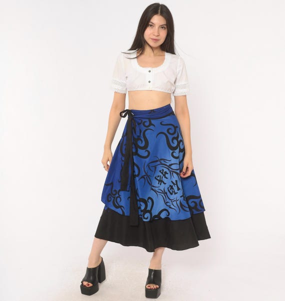 Tribal Print Wrap Skirt 2000s Blue Black Swirl Pattern Layered Double Tier Midi A Line Festival Bohemian Graphic Abstract Flame Small S