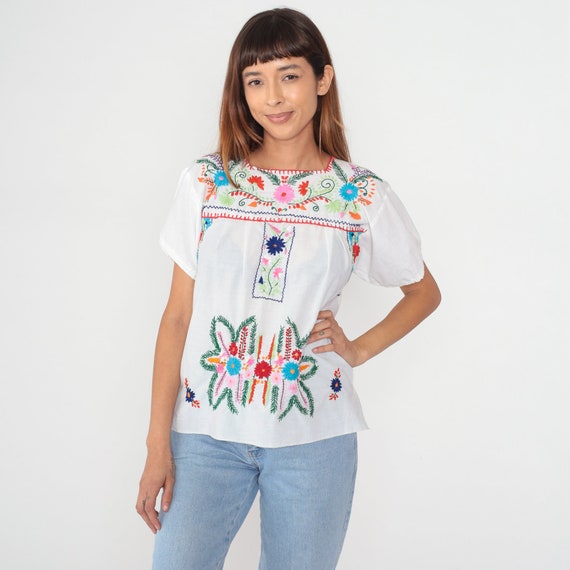 White Floral Blouse 90s Mexican Embroidered Top Peasant Hippie Short Sleeve Tent Shirt Summer Puebla Festival Red Flower Vintage 1990s Small