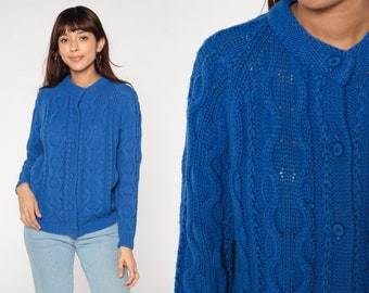 Royal Blue Cardigan 80s Button Up Cable Knit Sweater Retro Chunky Knit Sweater Bohemian Grandma Acrylic Cableknit Vintage 1980s Medium M