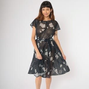 Vintage Sheer Floral Dress 70s Black Midi Bohemian Dress Belted High Waisted Short Sleeve Boho Romantic Large L