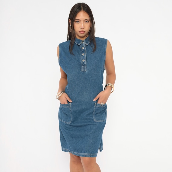 90s Denim Shift Dress Sleeveless Button Front Collar Patch Pocket Cotton Blue Jean Cinch Waist Tie Fit Vintage Summer Medium Large M L