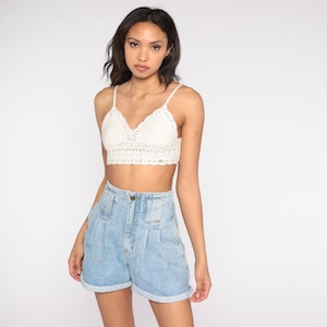 Pleated Denim Shorts 90s Light Wash Cuffed Jean Shorts Retro Sexy Blue High Waisted Short Shorts Festival Boho Pinup Vintage 1990s Small S