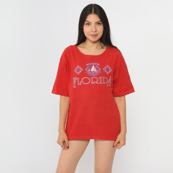 Vintage 90s Florida T Shirt Sailboat Graphic Tee Red Royal Yacht Club Tourist Travel Tshirt 1990s Raw Cutoff Neckline Sailor Tee Small S