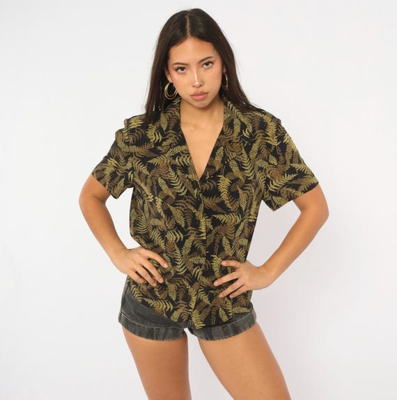 90s Fern Print Shirt Black Olive Camp Collar Short Sleeve Button Front Tropical Leaf Blouse Boxy Botanical Green Top Womens Large L