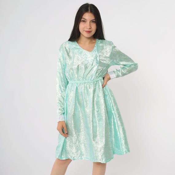 Mint Green Dress 80s Embossed Satin V Neck Bow Detail Elastic Waist Long Sleeve Vintage Party Cocktail Disco Glam Small S 4