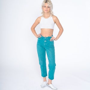 Teal Jeans 90s Ankle Jeans High Waisted Rise Slim Tapered Leg Denim Pants Retro Cropped Mom Jeans Blue Green Vintage 1990s Extra Small XS image 2