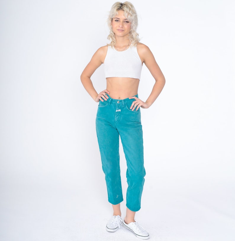 Teal Jeans 90s Ankle Jeans High Waisted Rise Slim Tapered Leg Denim Pants Retro Cropped Mom Jeans Blue Green Vintage 1990s Extra Small XS image 2