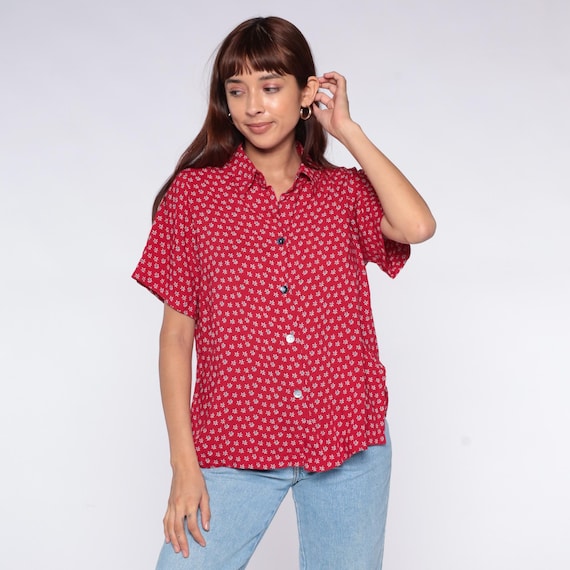90s Red Floral Button Down Camp Shirt Collared Blouse Ditsy White Flowers Secretary Top Summer Casual Office Vintage Preppy Petite Large PL