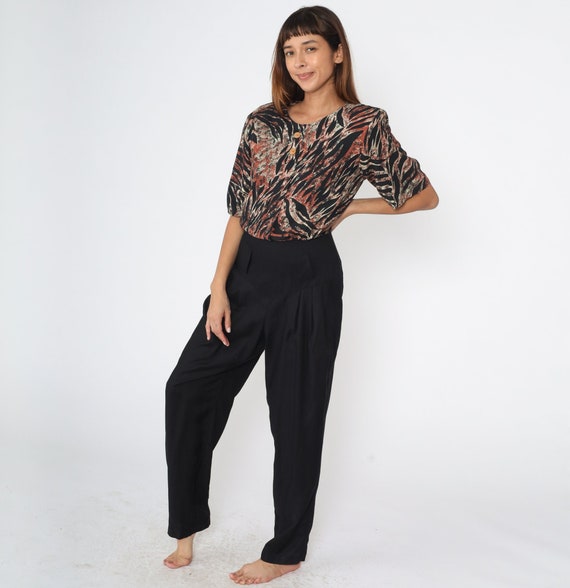 90s Jumpsuit Black Animal Print Tapered Pantsuit Abstract Zebra Stripe Basque Waist Safari Romper Pants Short Sleeve Vintage 1990s Medium