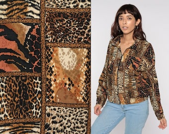 Animal Print Jacket 90s SILK Windbreaker Leopard Tiger Jungle Pattern Bomber 80s 1980s Bohemian Vintage Retro Track Jacket Zip Up Large L