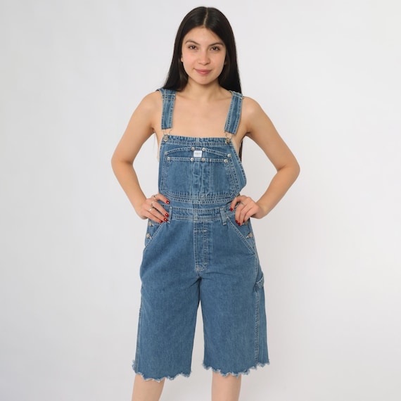 Calvin Klein Overalls 90s Denim Short Jeans Bib Carpenter Pocket Raw Hem Cutoff Shorts Workwear Utility Streetwear Blue Overalls Medium M