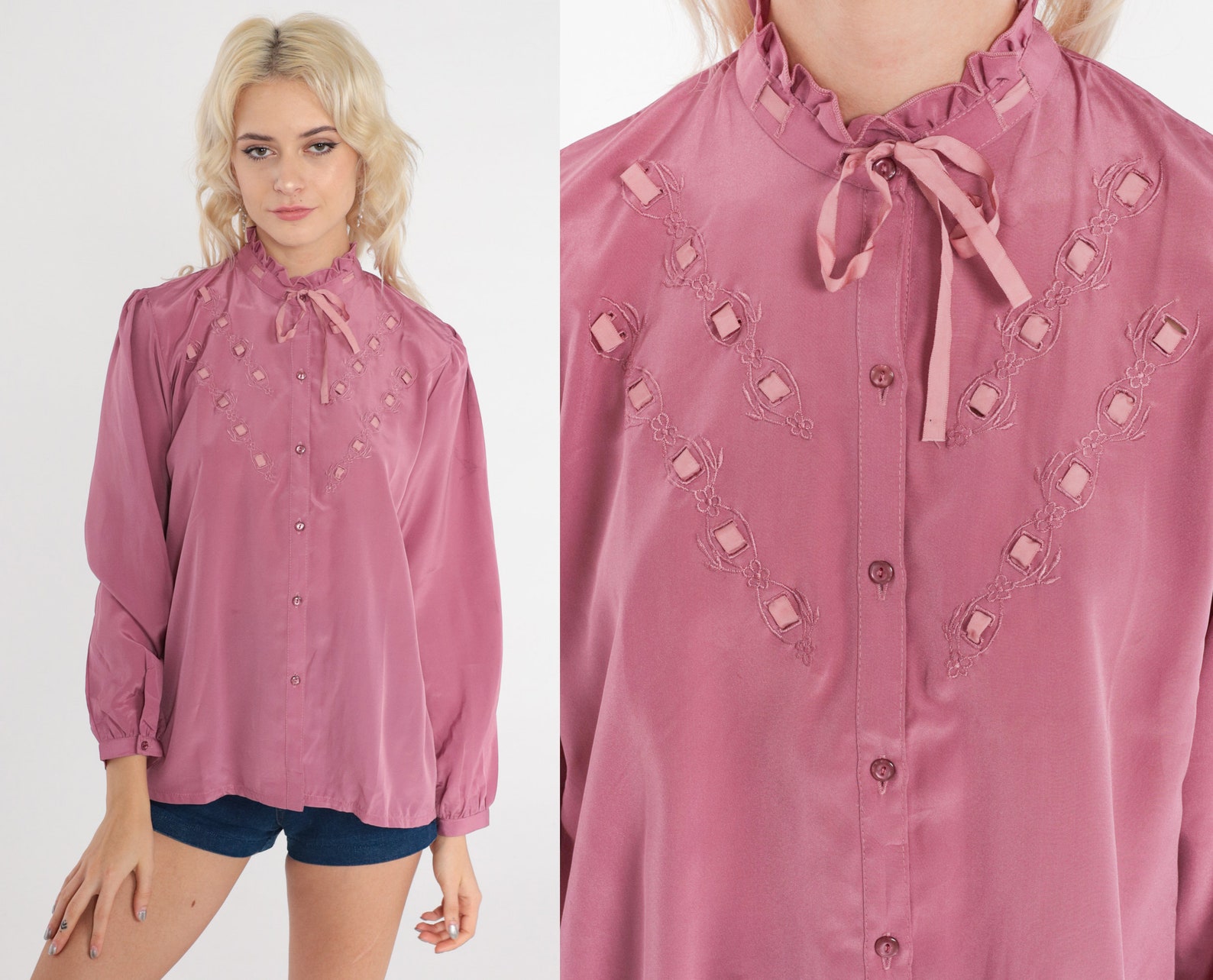 80s Bow Neck Blouse Dusty Rose Pink Shirt Ruffle Neck Secretary Blouse ...
