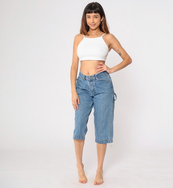 90s Capri Utility Jeans Riveted by Lee Hammer Loop Jeans 00s Cropped Cargo Straight Leg Denim Pants Workwear Blue Vintage Medium 8