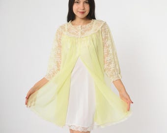 Lace Nightgown 70s Van Raalte Yellow Pale Long Sleeve Sheer Vintage Romantic Babydoll Lingerie Boudoir Slip Dress Feminine Delicate Medium M