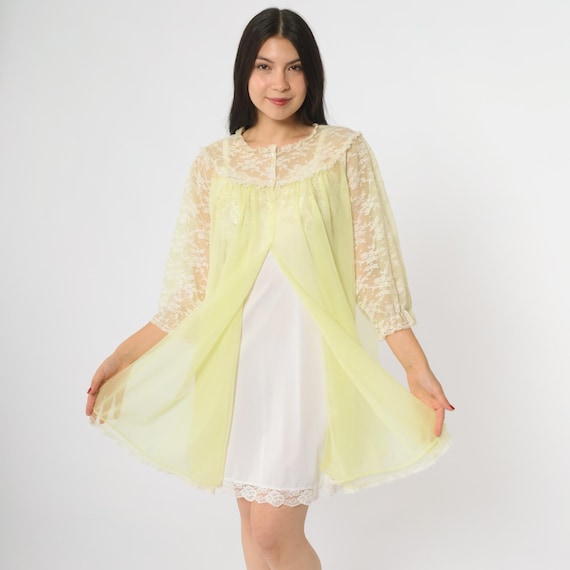 Lace Nightgown 70s Van Raalte Yellow Pale Long Sleeve Sheer Vintage Romantic Babydoll Lingerie Boudoir Slip Dress Feminine Delicate Medium M