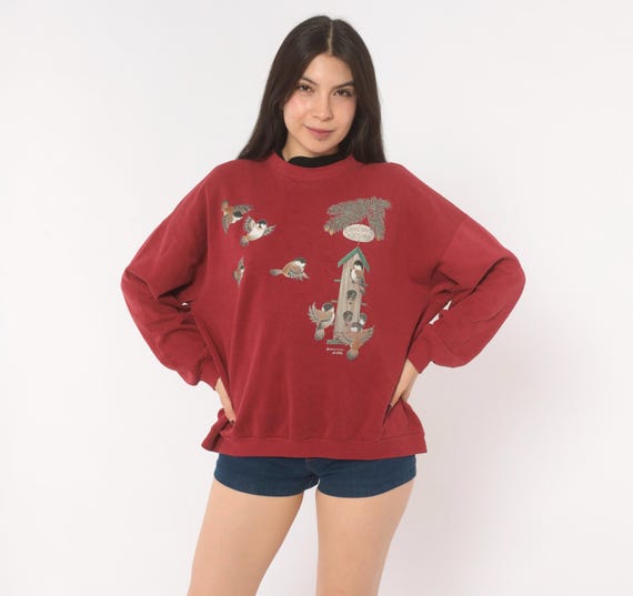 Birds Birdhouse Sweatshirt 90s Morning Sun Crewneck Burgundy Wine Nature Cotton Pullover Animal Novelty Vintage Crew Neck Top Large L