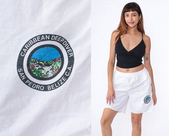 90s Shorts Belize Scuba Diver Graphic Relaxed Beach Shorts Diving Elastic Waist White Summer San Pedro Cotton Light Baggy 1990s Small Medium