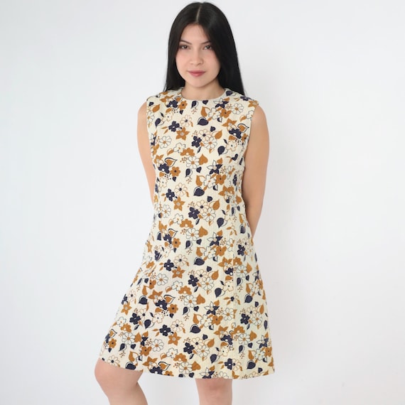 Vintage Floral Mini Dress 60s Mod Cream Blue Brown Shift Dress Retro A-Line Gogo Hippie Flower 1960s Boho Sleeveless Textured Small S