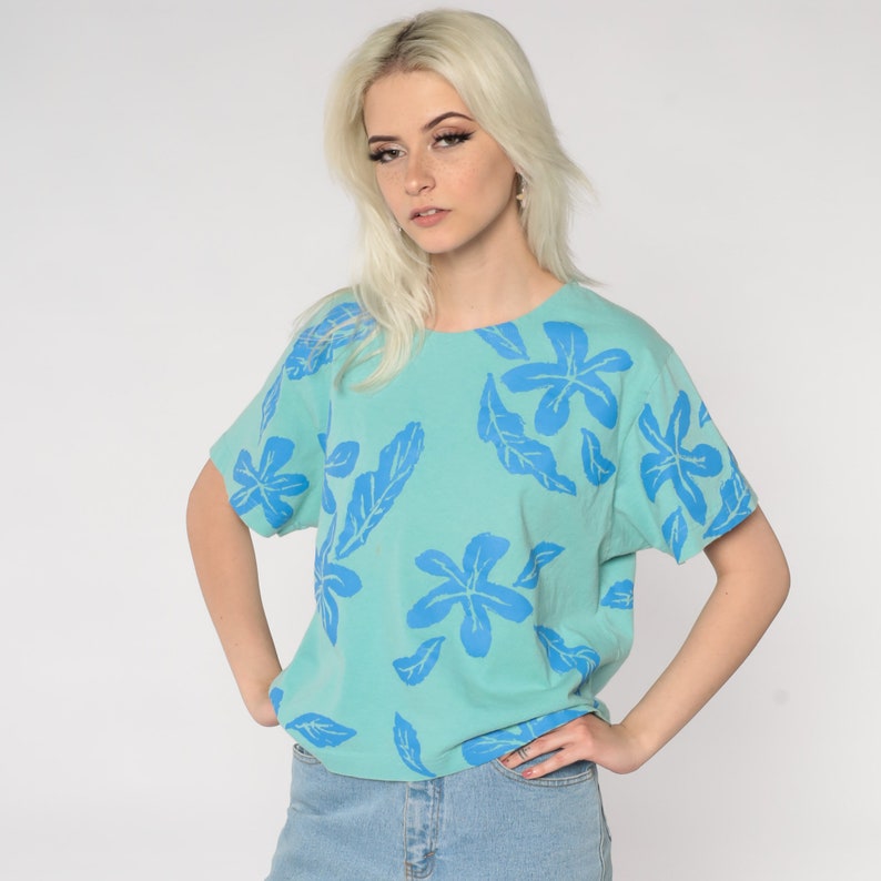 Tropical Floral Shirt 90s Flower Leaf Print T Shirt Green Blue Tee 80s Short Sleeve Boxy TShirt Hippie Shirt 1990s Vintage Retro Medium M image 4