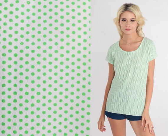 Polka Dot Shirt 70s Blouse White Green Dots Print… - image 1