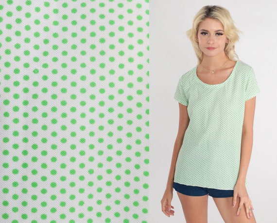 Polka Dot Shirt 70s Blouse White Green Dots Print Top Retro Mod Basic Casual Summer Seventies Scoop Neck T-Shirt Boho Vintage 1970s Small S