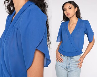 Sheer Blue Blouse 70s 80s Wrap Shirt Chiffon Puff Tulip Short Sleeve V Neck Blouson Boho Vintage Top 1970s 1980s Bohemian Retro Small S