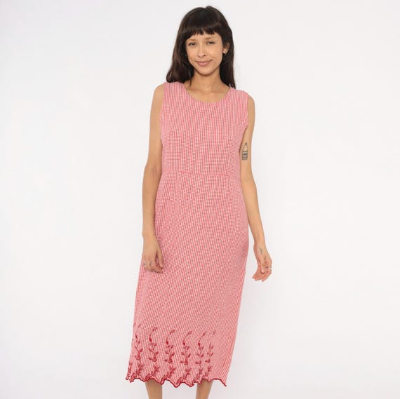 Gingham Embroidered Dress 80s Red White Check Scalloped Floral Midi Prairie Cottagecore Summer Sundress Americana Vintage Petite Large L