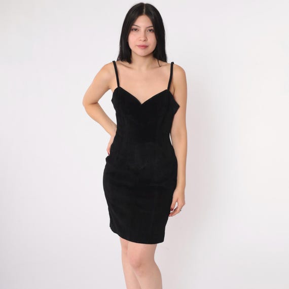 Vintage Black Suede Dress 80s Mini Leather by Wilsons Suede Biker Bodycon Sweetheart Neckline 1980s Party Sexy Goth Body Con Small